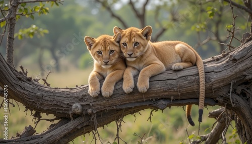 Adorable Lion Cubs Resting on a Branch in African Savanna
