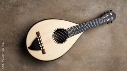 A light brown ukulele with a black pickguard and neck. photo