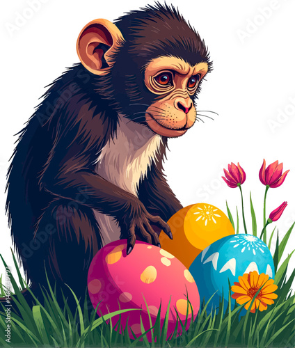 a monkey sitting in the grass with easter eggs