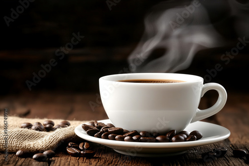 A Cozy Vintage Coffee Cup with Steaming Hot Brew and Fresh Coffee Beans on Wooden Table