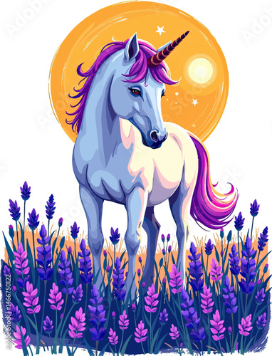 a unicorn standing in a field of flowers