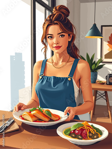 a woman sitting at a table with a plate of food