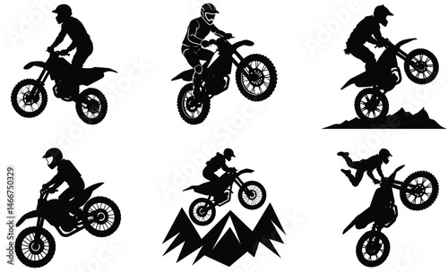 Dirt Bike Jumping Silhouette Vector Set, Featuring Off-Road Rider Performing Extreme Stunt in Mid-Air