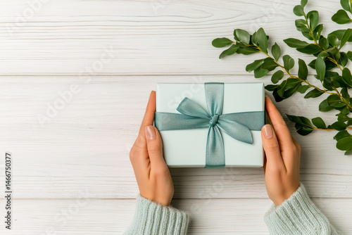 Hands holding a beautifully wrapped gift box with a soft blue ribbon, placed on a light wooden surface, surrounded by greenery, creating a serene and festive atmosphere. Copy space for text
