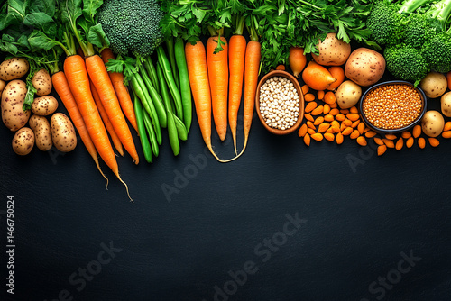 Colorful Vegan Meal with Fresh Vegetables and Grains on Dark Background for Healthy Eating