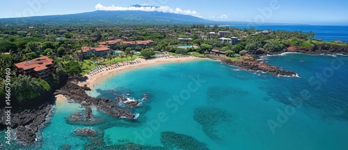Aerial View of Wailea Beach Resort and Coastline in Maui Hawaii with Turquoise Water and Lush Greenery