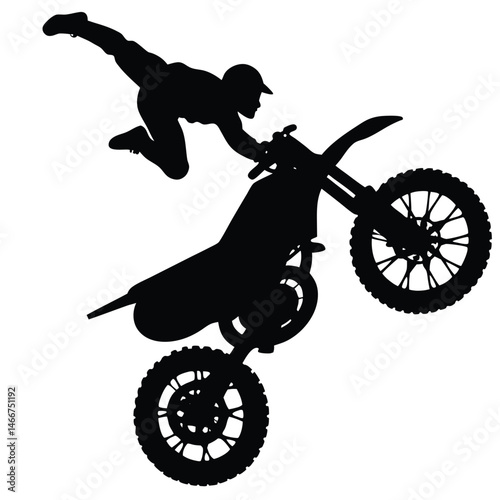 Dirt Bike Jumping Silhouette Vector Featuring Off-Road Rider Performing Extreme Stunt in Mid-Air