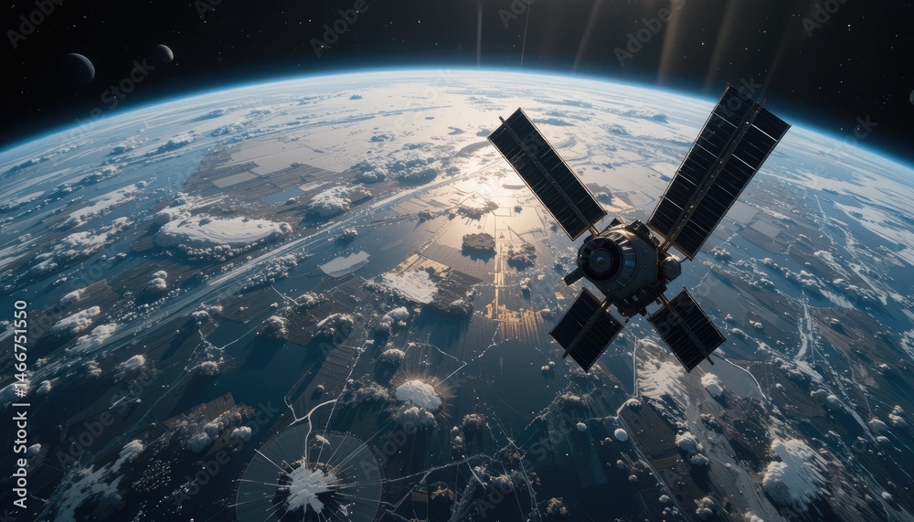 Obraz premium Satellite Orbiting Earth: A Breathtaking View of Our Planet from Space