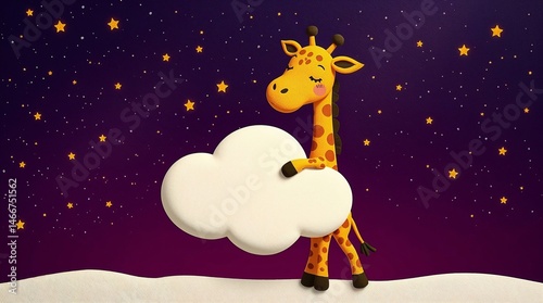 Сute little sleepy giraffe goes to sleep carrying a pillow cloud against colorful starry night sky