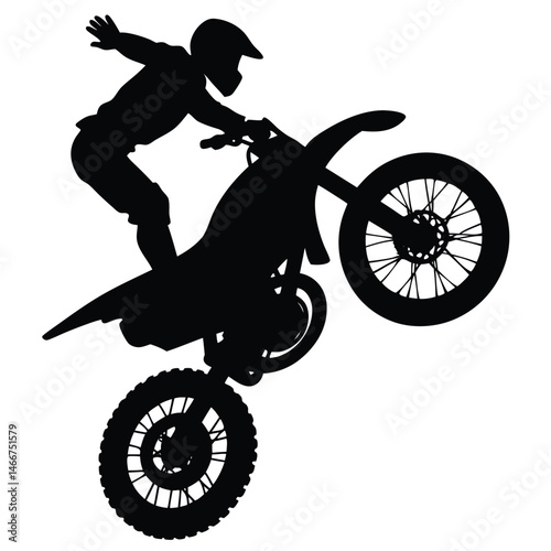 Dirt Bike Jumping Silhouette Vector Featuring Off-Road Rider Performing Extreme Stunt in Mid-Air