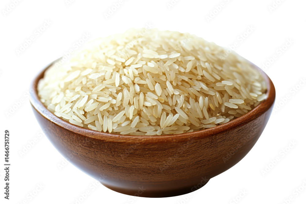 Bowl of Rice Grains cascading from a wooden bowl showcasing simplicity  abundance against a stark white backdrop