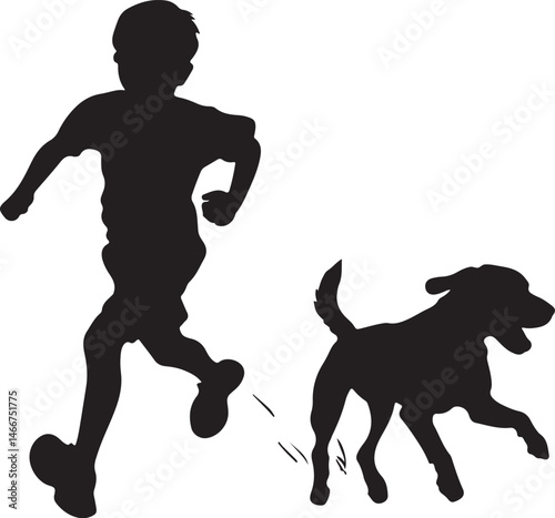 Silhouette Illustration of a Boy Running with His Dog, Playful Childhood, Pet Companionship, Black and White Vector Graphic