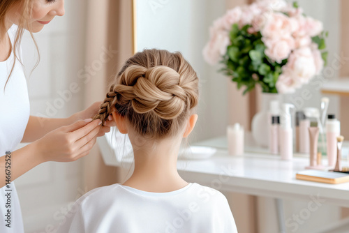 Hairstylist braiding hair of young girl in a bright beauty salon, surrounded by hair products and floral arrangements, showcasing a creative hair styling process