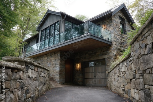 Glass balcony above garage and stone retaining wall 