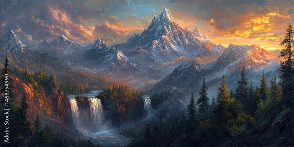Lush Mountain Sunset. Oil Painting Landscape with Waterfalls and Giant Snow Covered Mountain