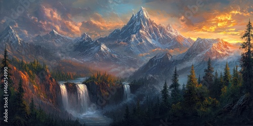 Lush Mountain Sunset. Oil Painting Landscape with Waterfalls and Giant Snow Covered Mountain