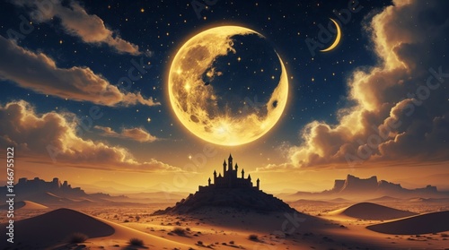Fantasy landscape with full moon over desert castle under starry sky.
