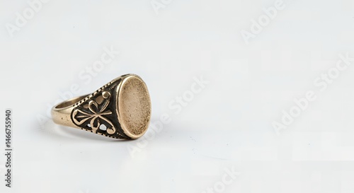 Antique gold signet ring with detailed floral design, oval face, and patina, resting on a reflective white surface, showcasing jewelry