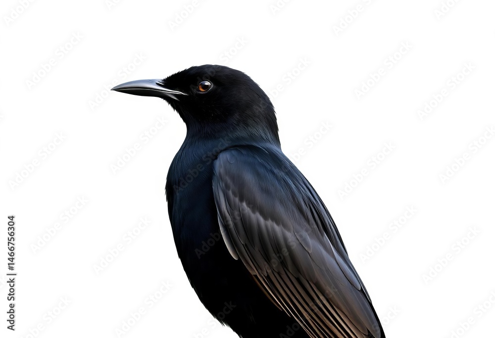 Obraz premium Sleek blackbird profile, perched, against pure white background, wild bird, silhouette