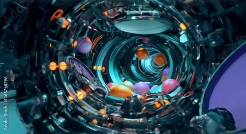 Futuristic sci-fi interior with colorful orbs and copy space for design concept