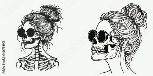 Female Skeleton with Messy Bun Sunglasses. girl bun Outline Clipart ink line art doodle vector illustration. Woman bone structure sporting disheveled chignon eye covering accessory.