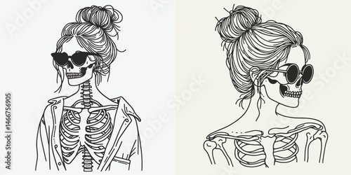 Female Skeleton with Messy Bun Sunglasses. girl bun Outline Clipart ink line art doodle vector illustration. Skull maiden untidy chignon visor a feminine bone structure.