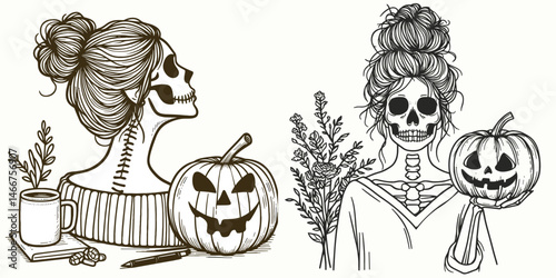 Female Skeleton with Messy Bun Pumpkin. girl bun Outline Clipart ink line art doodle vector illustration. Lady bone figure untidy topknot holding gourd fall festive motif.