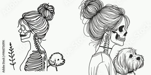 Female Skeleton with Messy Bun Pet. girl bun Outline Clipart ink line art doodle vector illustration. Bony woman figure untidy coiffure cherished animal friend spooky design.
