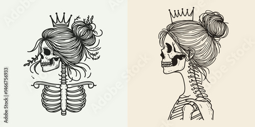 Female Skeleton with Messy Bun Crown. girl bun Outline Clipart ink line art doodle vector illustration. Woman bony figure undone chignon coronet royal halloween spooky icon.