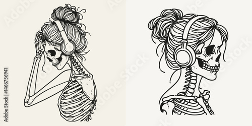 Female Skeleton with Messy Bun Headphones. girl bun Outline Clipart ink line art doodle vector illustration. Bone figure untidy topknot wearing earphone audio listening.