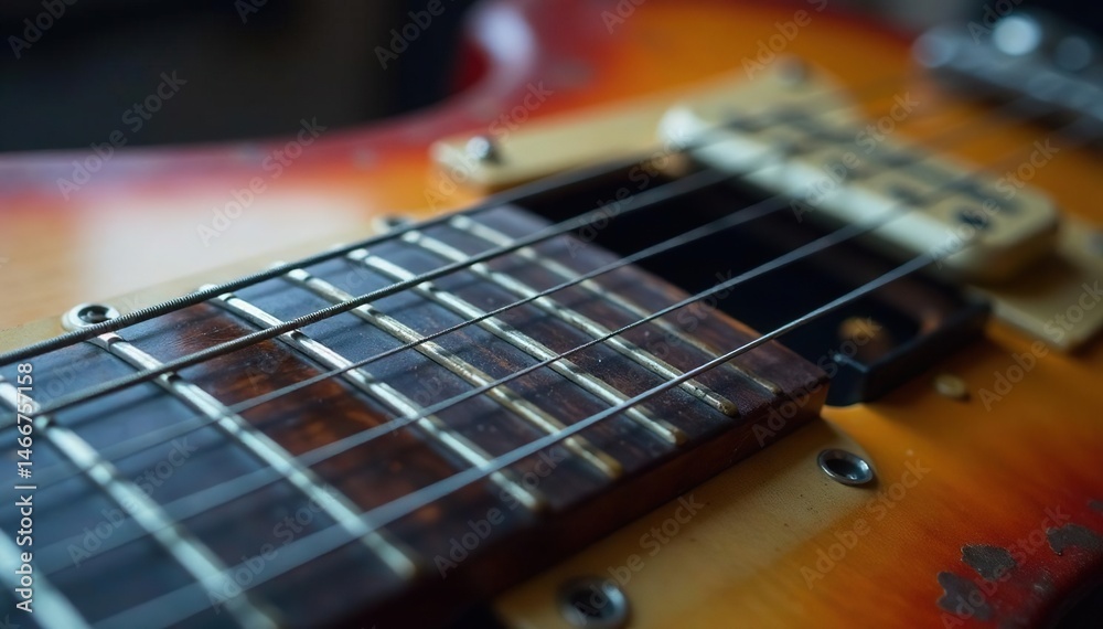 Fototapeta premium Close-up of worn blues guitar neck, frets, and strings , blues guitar, metal, blues
