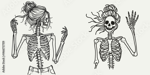 Female Skeleton with Messy Bun Waving. girl bun Outline Clipart ink line art doodle vector illustration. Lady bony figure having loose hairdo gesturing hello anatomy artwork.