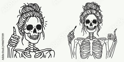 Female Skeleton with Messy Bun Thumbs Up. girl bun Outline Clipart ink line art doodle vector illustration. Woman skull untidy hair knot gesture approval symbol illustration.