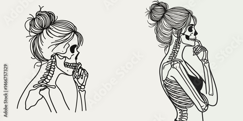 Female Skeleton with Messy Bun Thinking. girl bun Outline Clipart ink line art doodle vector illustration. Bony woman untidy coiffure contemplating a cerebral mortal remains.