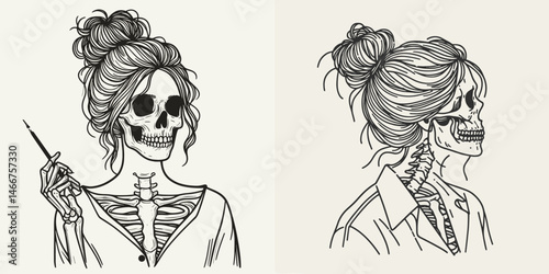 Female Skeleton with Messy Bun Teacher. girl bun Outline Clipart ink line art doodle vector illustration. Undead woman instructor disheveled coiffure educational anatomy figure.