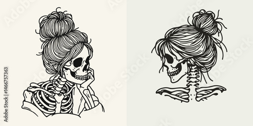 Female Skeleton with Messy Bun Texting. girl bun Outline Clipart ink line art doodle vector illustration. Lady bone structure knot hair smartphone communication skull avatar.