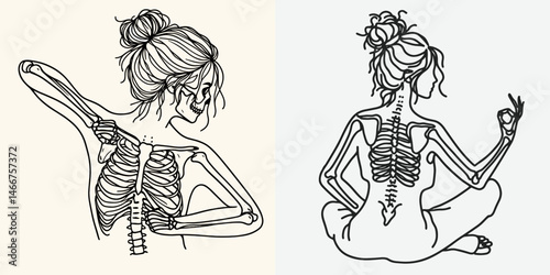 Female Skeleton with Messy Bun Tai Chi. girl bun Outline Clipart ink line art doodle vector illustration. Bony woman figure in relaxed posture practicing oriental movement art disheveled.