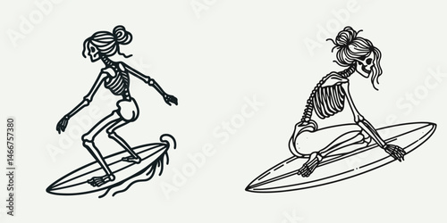 Female Skeleton with Messy Bun Surfing. girl bun Outline Clipart ink line art doodle vector illustration. Woman cranium untidy topknot riding ocean wave aquatic pastime.