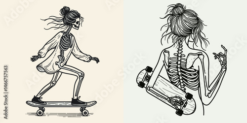Female Skeleton with Messy Bun Skateboarding. girl bun Outline Clipart ink line art doodle vector illustration. Skeletal woman sporting disheveled topknot doing board trick spooky activity.