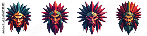 low-poly Vector triangular tribal chief face in a vector illustration against a transparent background, This polygonal style reflects a trendy and modern logo design, making it suitable for printing.