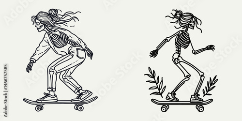 Female Skeleton with Messy Bun Skateboarding. girl bun Outline Clipart ink line art doodle vector illustration. Woman bone figure riding deck hair knot activity enjoyment.