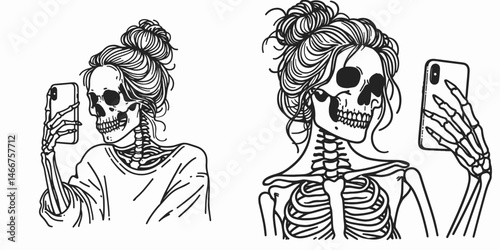 Female Skeleton with Messy Bun Selfie. girl bun Outline Clipart ink line art doodle vector illustration. Bone casual updo taking portrait photograph mortuary fashion theme.