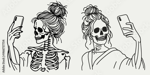 Female Skeleton with Messy Bun Selfie. girl bun Outline Clipart ink line art doodle vector illustration. Lady bone undone hair photo cranium portrait feminine skull visage.