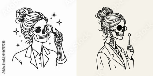 Female Skeleton with Messy Bun Scientist. girl bun Outline Clipart ink line art doodle vector illustration. Woman skeletal figure untidy hairdo boffin academic study science.