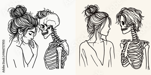 Female Skeleton with Messy Bun Romantic Couple. girl bun Outline Clipart ink line art doodle vector illustration. Bone untidy chignon loving pair amorous gothic fantasy image.