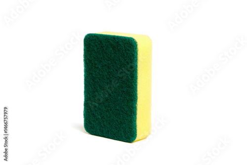Upright yellow kitchen sponge with green scouring surface, isolated on white background, ideal for dishwashing, scrubbing, and household cleaning