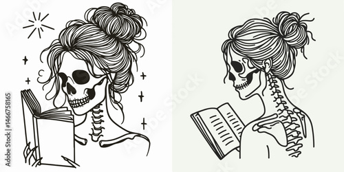 Female Skeleton with Messy Bun Reading. girl bun Outline Clipart ink line art doodle vector illustration. Womans bony structure disheveled hair knot perusing literature a spooky motif.