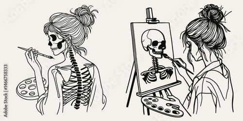 Female Skeleton with Messy Bun Painter. girl bun Outline Clipart ink line art doodle vector illustration. Bony artist coiled hair updo creating artwork.