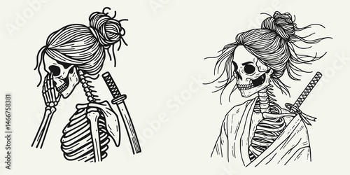 Female Skeleton with Messy Bun Ninja. girl bun Outline Clipart ink line art doodle vector illustration. Skeletal woman warrior disarrayed topknot clandestine martial artist.