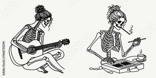 Female Skeleton with Messy Bun Musician. girl bun Outline Clipart ink line art doodle vector illustration. Woman bone structure untidy chignon instrumentalist performer image.